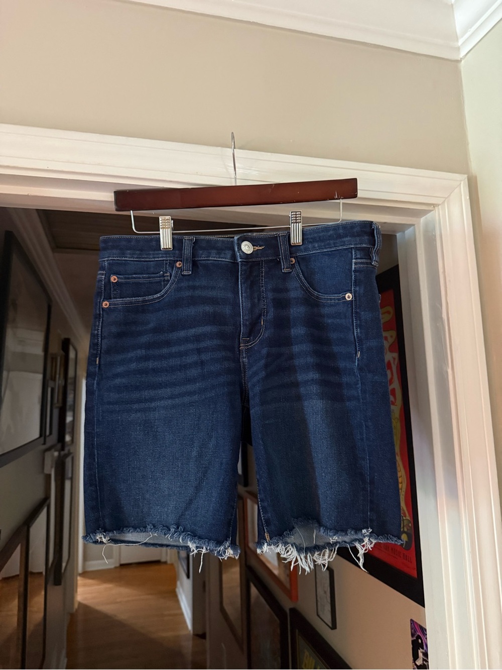 American Eagle Dark Wash Frayed Hem Denim Bermuda Shorts